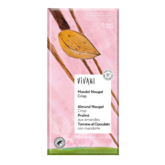 chocolate bar almond nougat crisp 38% cocoa vegan organic Vivani 10x80g