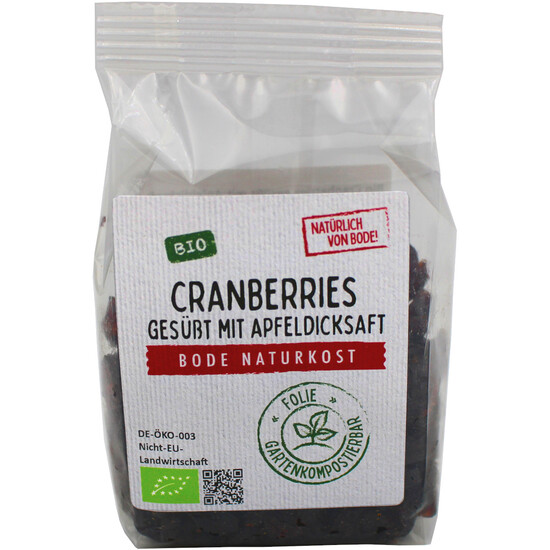 Cranberries gesüßt mit Apfeldicksaft bio, gartenkompostierbarer Beutel 6x125g