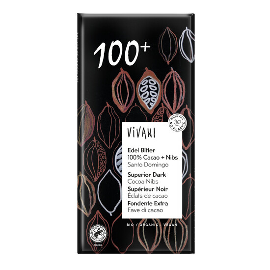 Dark chocolate bar 100% cocoa + nibs vegan organic Vivani 10x80g