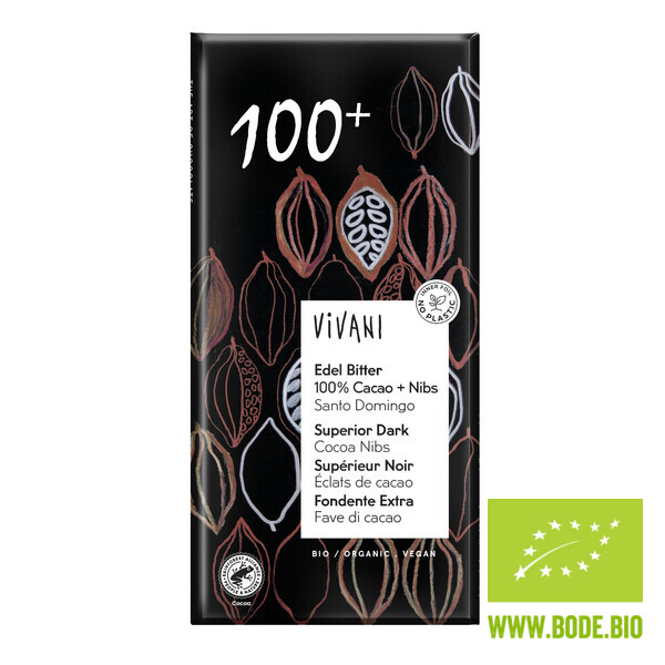 Tafelschokolade Edel Bitter 100% Cacao + Nibs vegan bio Vivani 10x80g