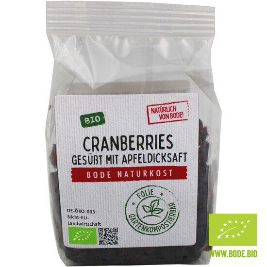 Cranberries gesüßt mit Apfeldicksaft bio, gartenkompostierbarer Beutel 6x125g