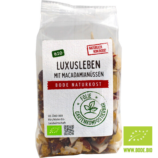 Luxusleben - Macadamia Mix bio -ohne Rosinen- gartenkompostierbarer Beutel 6x175g