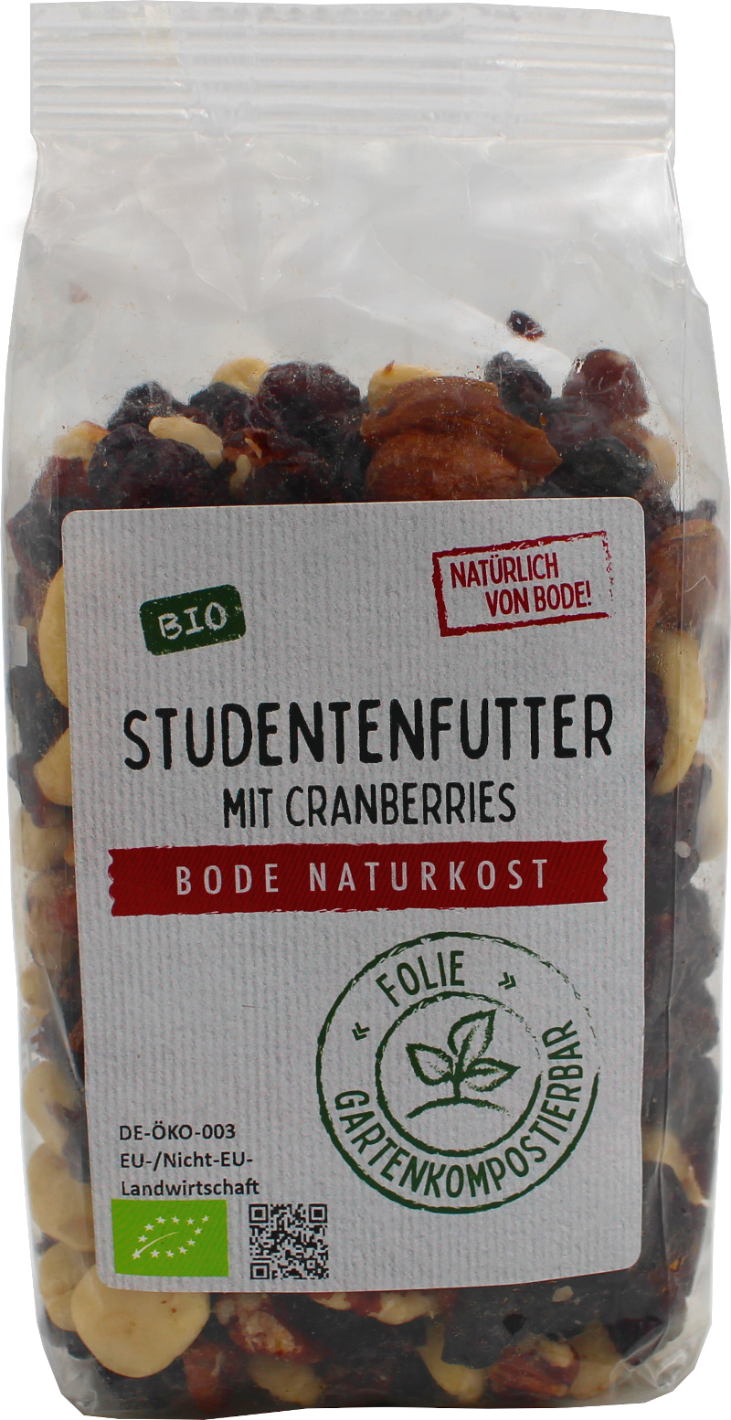 Studentenfutter mit Cranberries bio mit Pekannusskernen,gartenkompostierbarer Beutel 250g