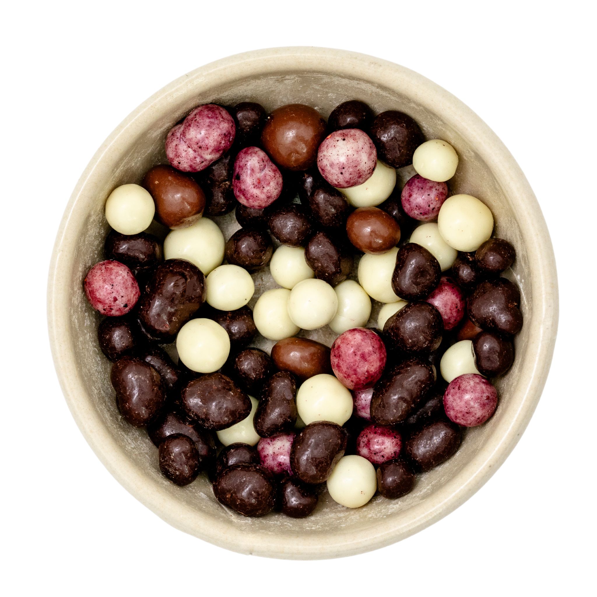 Heidelbeeren, Himbeeren und Erdbeerstücke in dreierlei Schokoladen bio Fairtrade 5kg