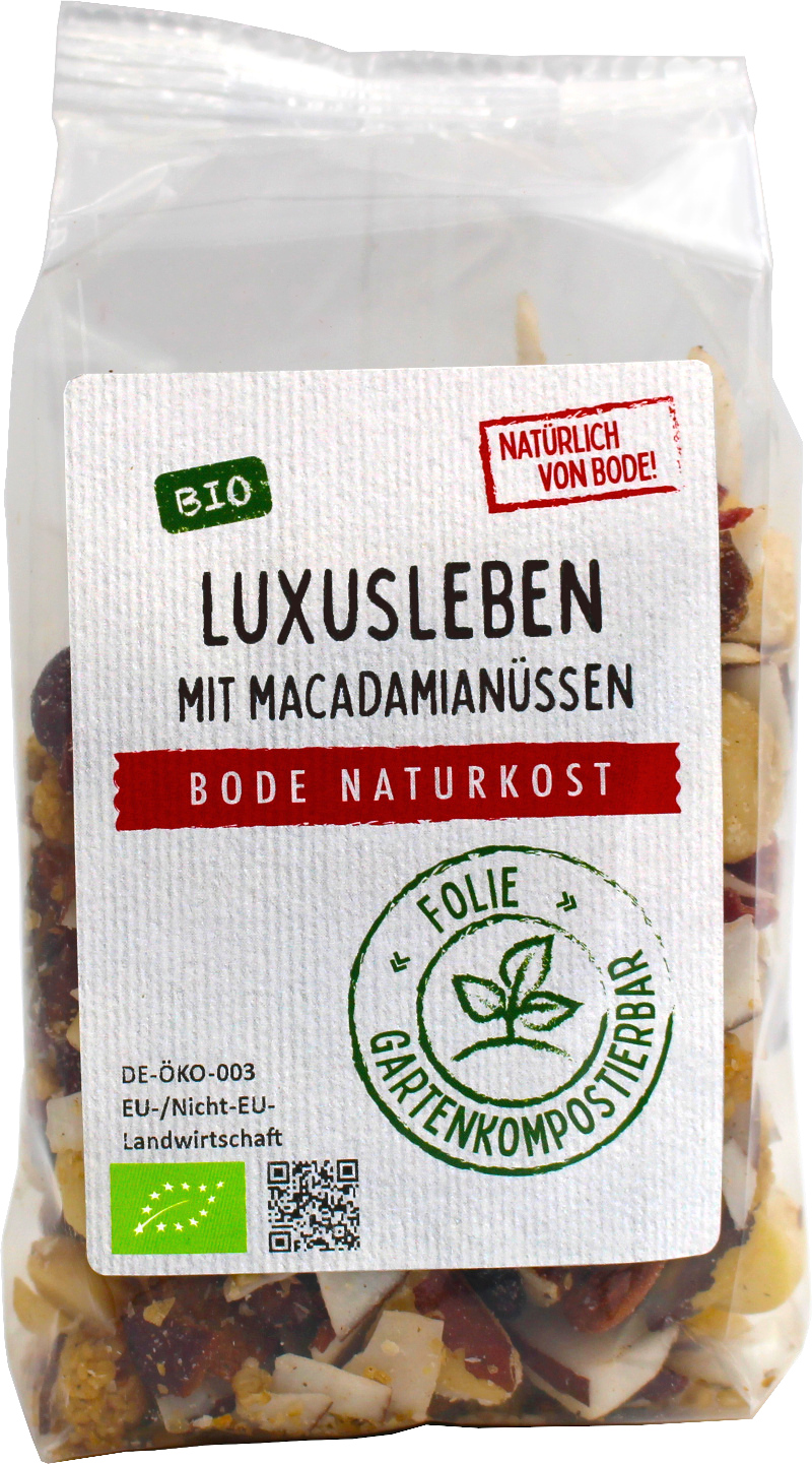 Luxusleben - Macadamia Mix bio -ohne Rosinen- gartenkompostierbarer Beutel 175g