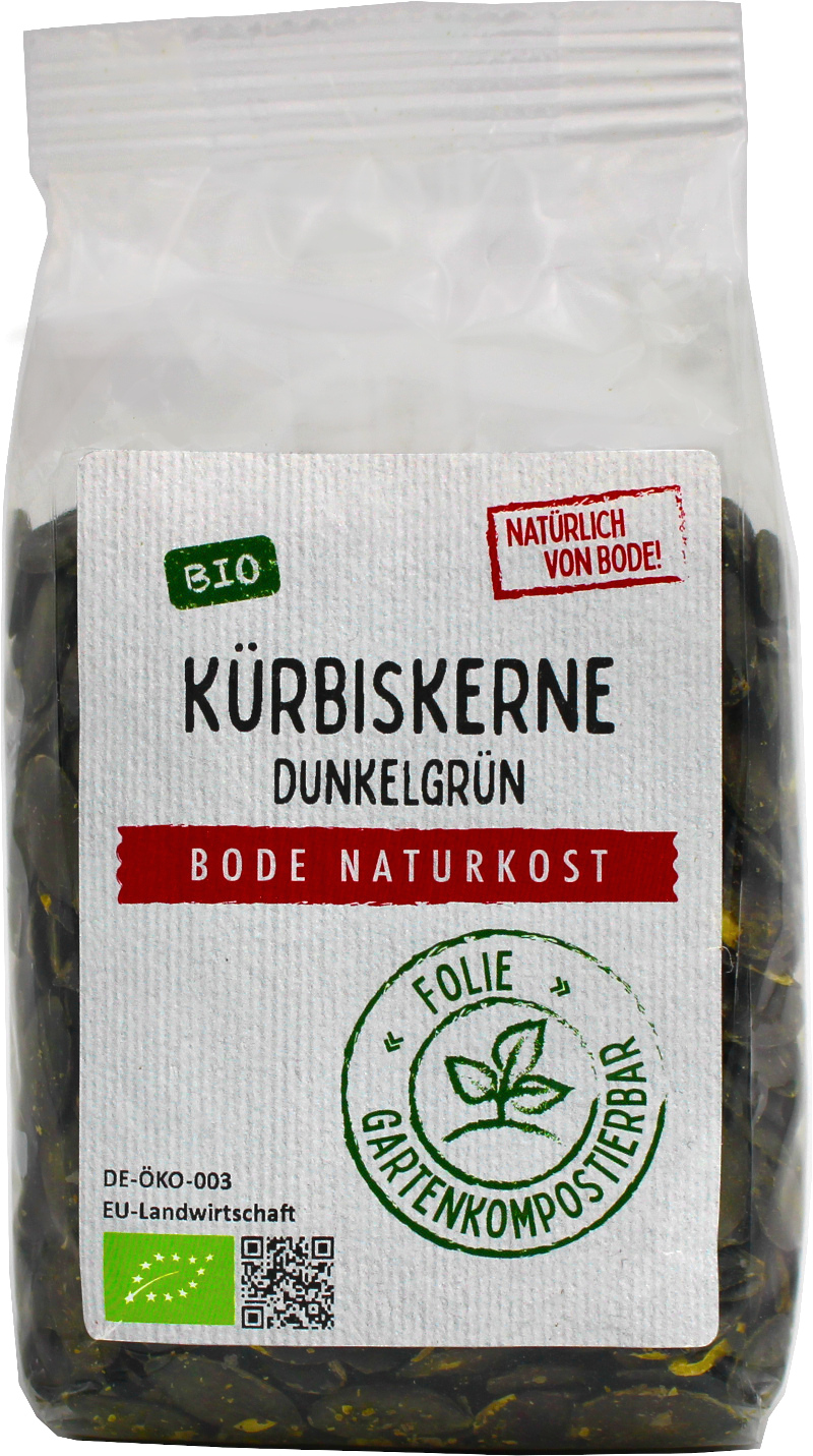Kürbiskerne dunkelgrün bio Europa, gartenkompostierbarer Beutel 200g