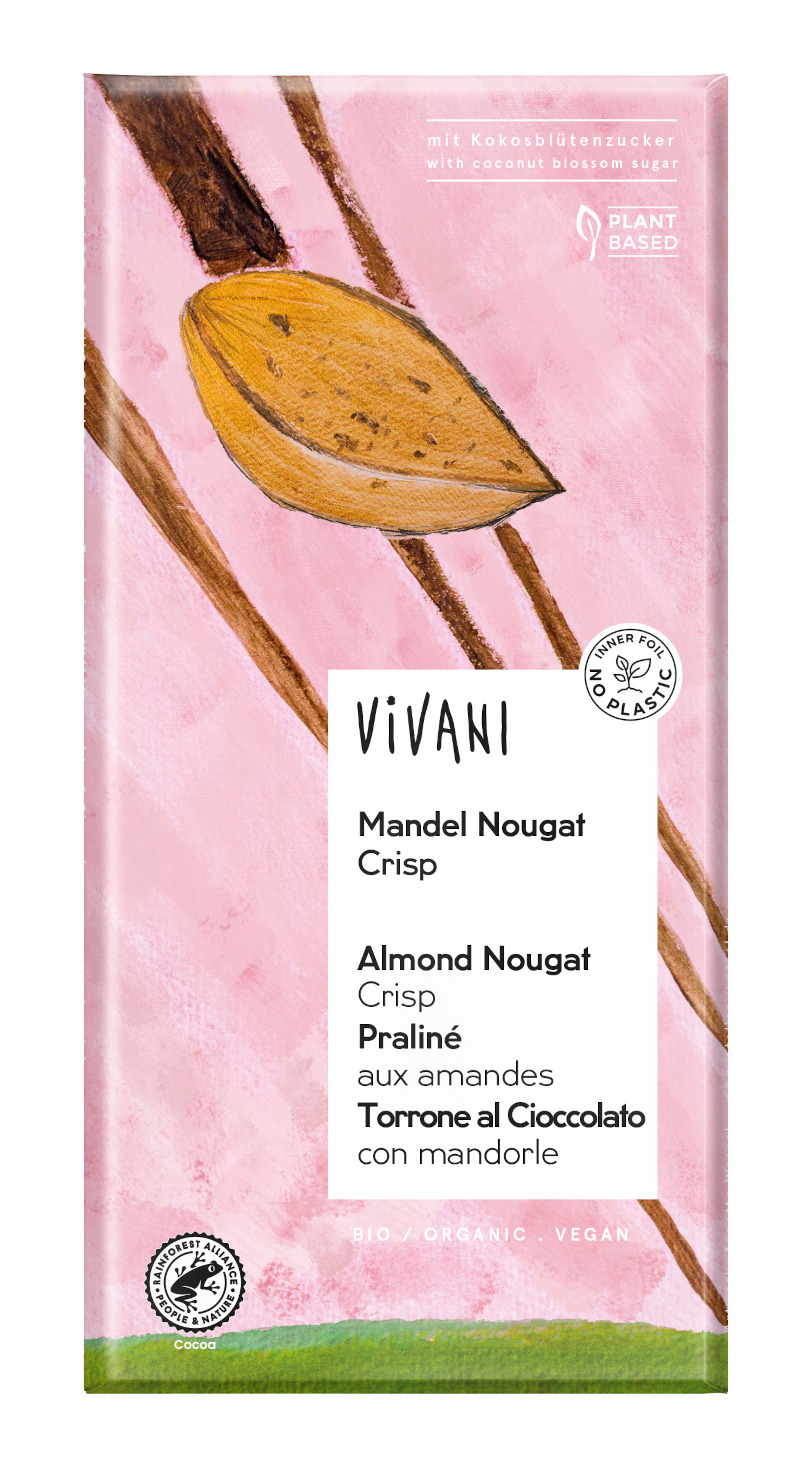 Tafelschokolade Mandel Nougat Crisp 38% Cacao vegan bio Vivani 10x80g
